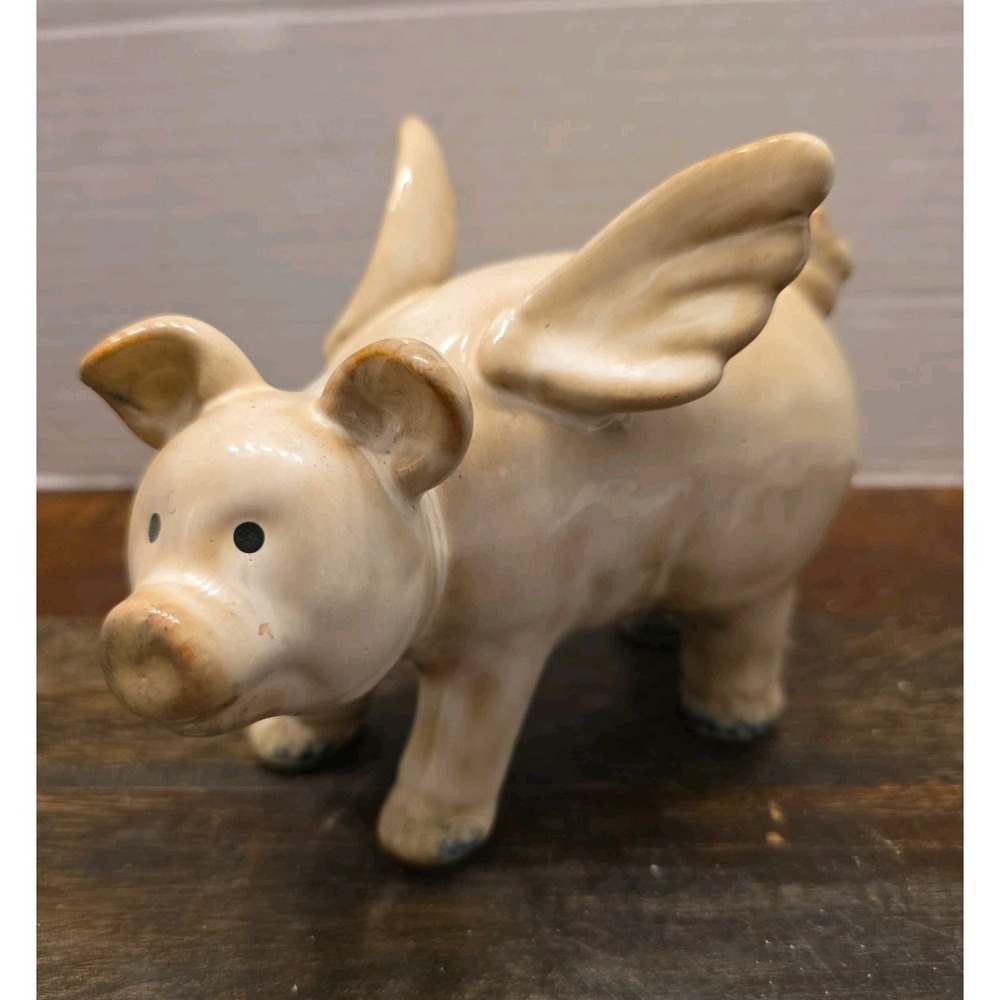 Vintage Ceramic Flying Pig Figurine Wings Whimsical Distressed Glaze Farmhouse